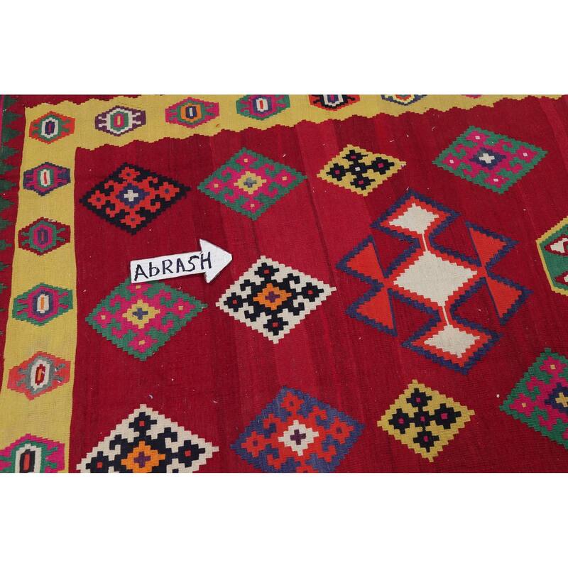 Hand Woven Oriental 100% Wool Carpet Southwestern Geometric Red Kilim Runner Rug - 8' 7'' X 4' 5''