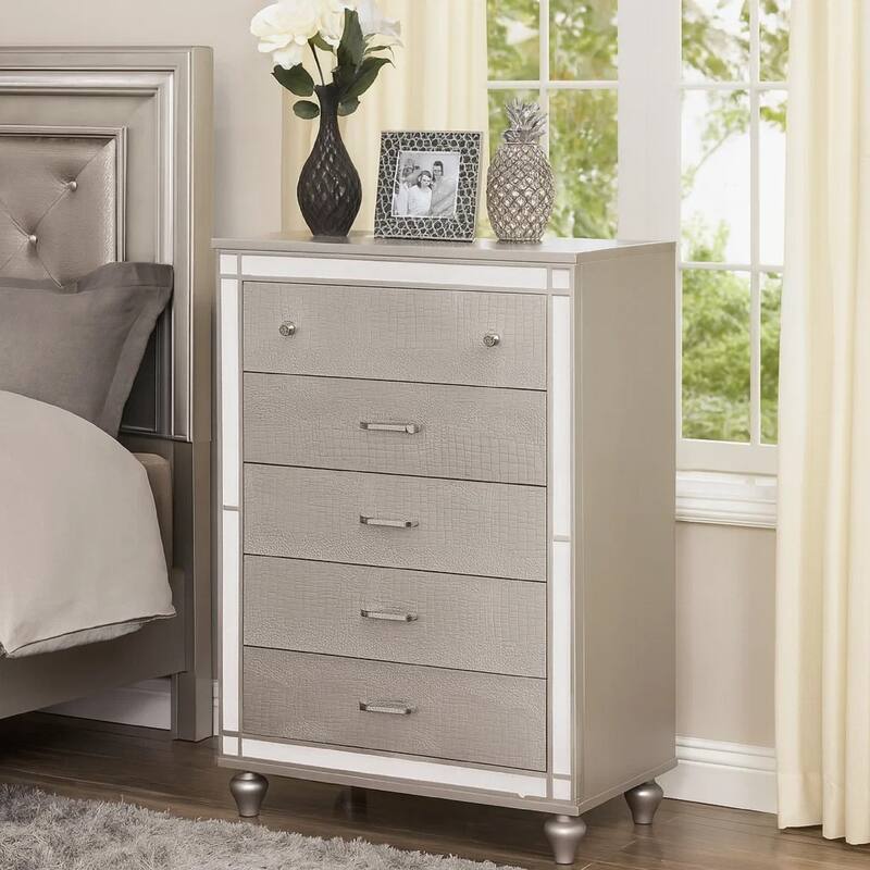 Five Drawer Solid Wood Chest with Mirror Accent Trim Front, Silver