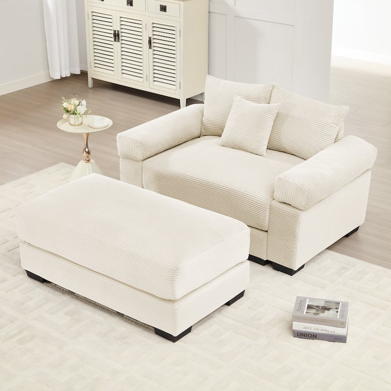 GDFStudio - Soft Corduroy Fabric 1-Seater 54.3" Sofa Chair with Ottoman - Cream
