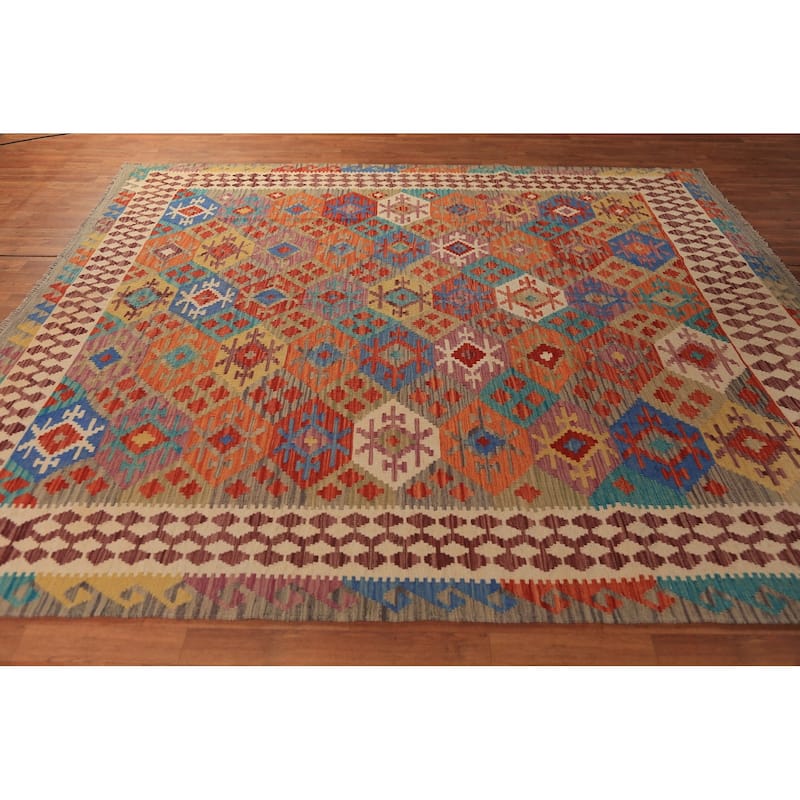 Colorful Geometric Kilim Oriental Area Rug Hand-Woven Wool Carpet - 8'7"x 9'6"