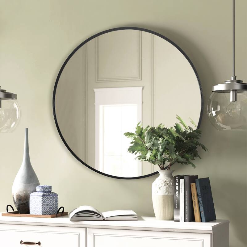 Wall Round Mirror 30'' Modern Brushed Metal Frame Wall-Mounted