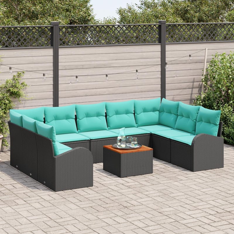 vidaXL 10 Garden Sofa Set with Cushions Black/Grey Poly Rattan - 113.8 x 70.5 x 27.2