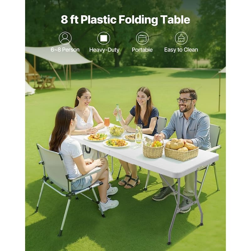 8FT Folding Camping Table Portable Picnic Desk with Handle for BBQ Tailgate and Outdoor Dining