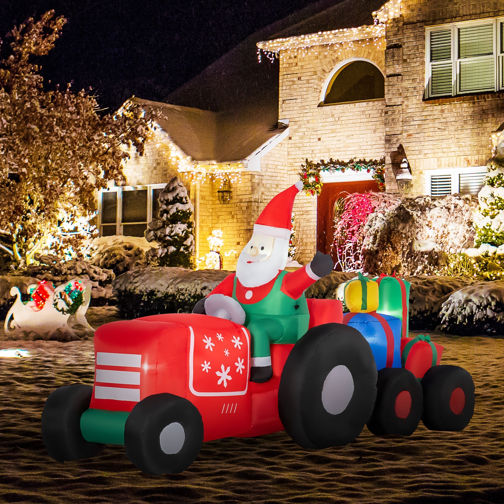 Outsunny 9ft Christmas Inflatable Santa Claus Driving Trailer with Gift Boxes, Blow-Up Outdoor LED Yard Display