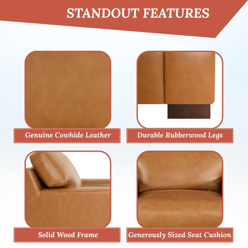 Genuine Leather Accent Chair - Luxurious Comfort Goose Feather Cushion Filling Square Arm Design Sturdy Block Legs