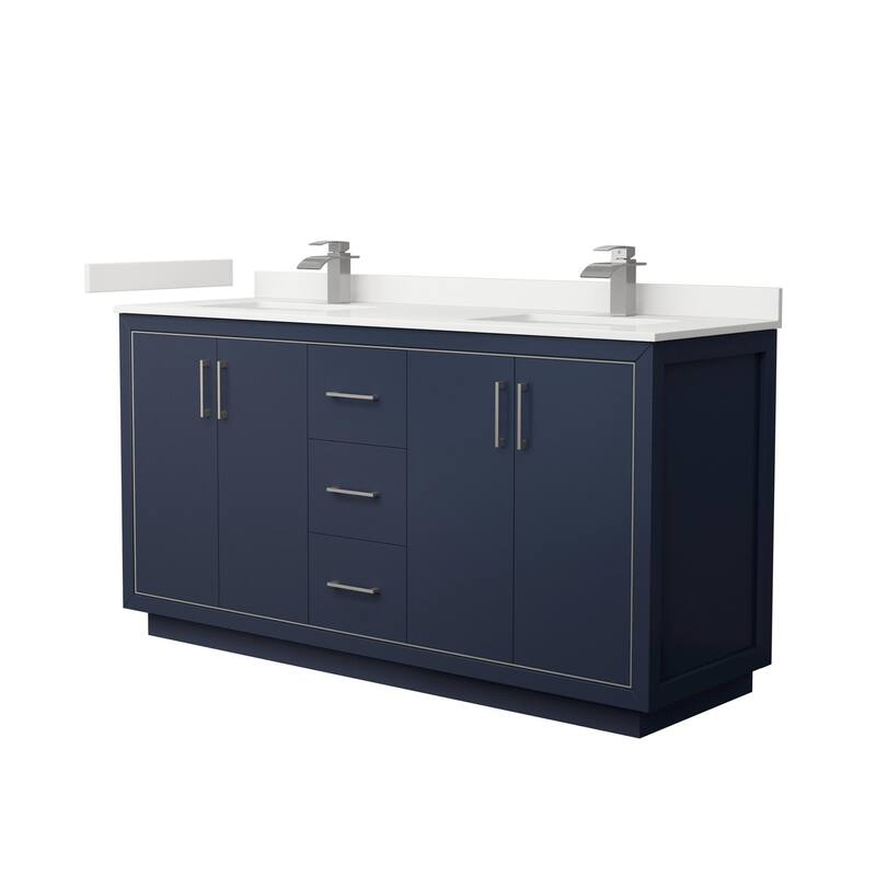 Wyndham Collection WCF111166D-QTZ-UNSMXX Icon 66" Free Standing Double - Dark Blue / White Quartz Top / Brushed Nickel