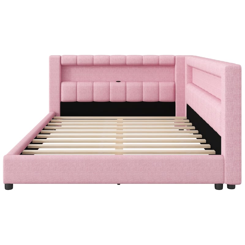 Upholstered Low-Profile Daybed Platform Bed Built-in USB Ports and LED Light Belt, Grounded Design with Padded Backrest