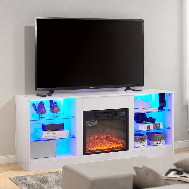 57.87" Electric Fireplace TV Stand with 2-in-1 Design with 7-Color LED Flames, USB Charging and App Control - White
