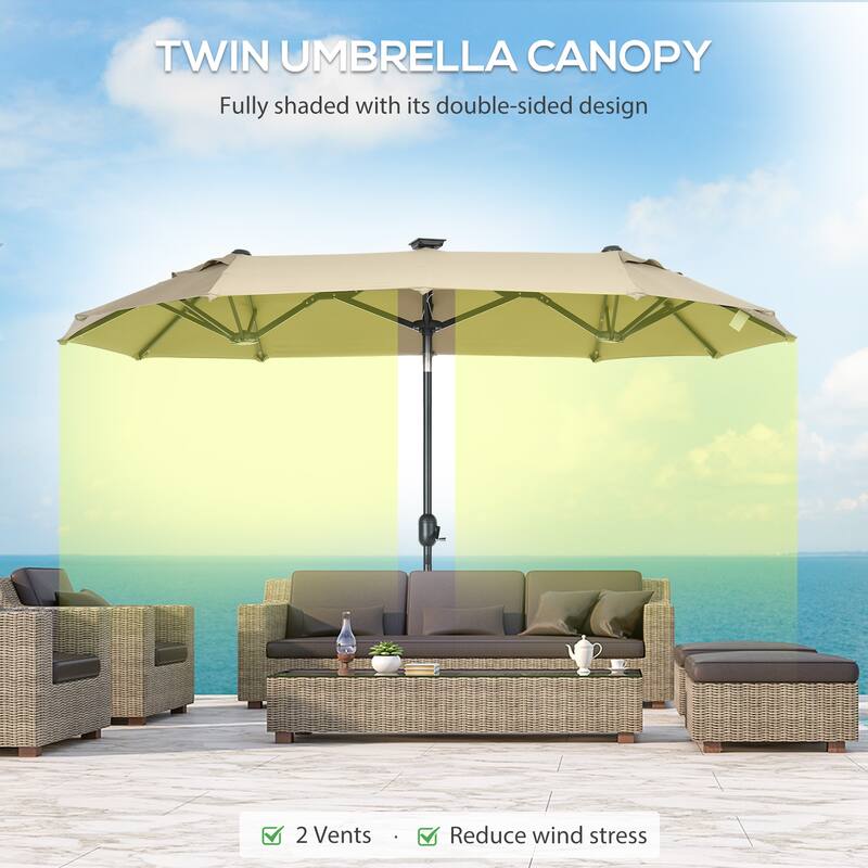 Outsunny Double-sided Patio Umbrella with Solar Lights and Sandbag Base, Outdoor Table Umbrella with Push Button Tilt, Crank
