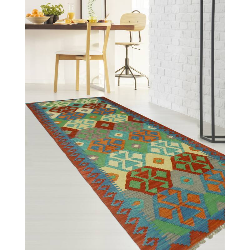 Hand-Woven Sangat Kilim Clair Red/Blue Runner - 2'9" x 9'7"