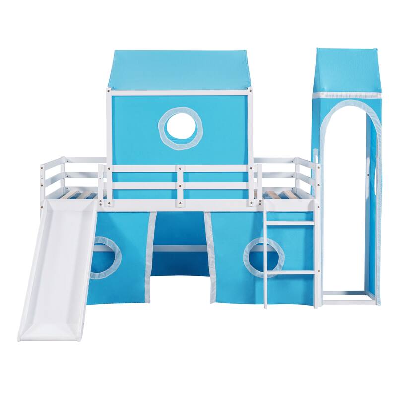 Twin/Full Size Kids Loft Bed with Slide and Tent, House Loft Bed with Tower and Ladder, Wood Loft Bed Playhouse Bed Frame