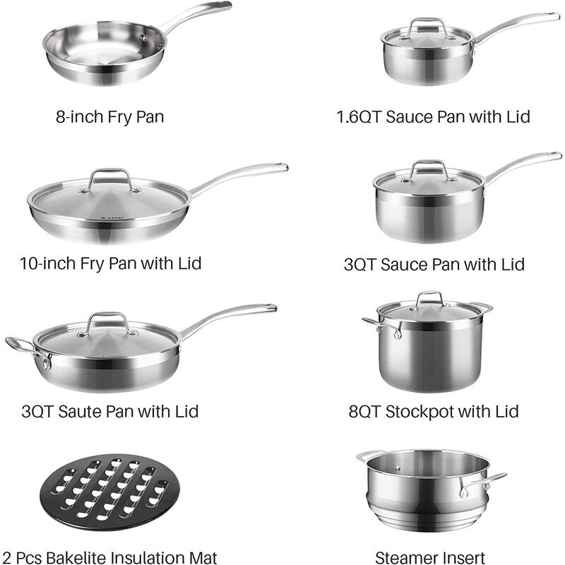 WholeClad TriPly Stainless Steel Induction Cookware Set, 14PC Kitchen