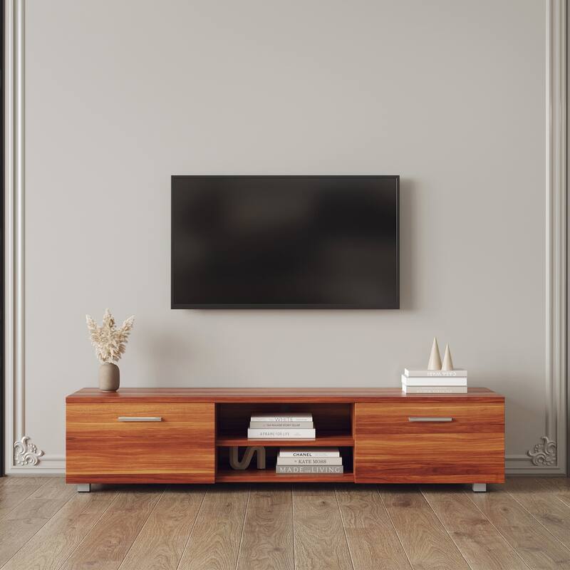 ​​Mid Century TV Stand with 2 Storage Drawers and 2 Open Shelf and for Living Room Entertainment​ - Walnut