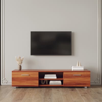 Wood Walnut Color TV Stand Mid-Century 2 Storage Cabinets for 70 Inch - 15.75 x 62.99 x 14.17