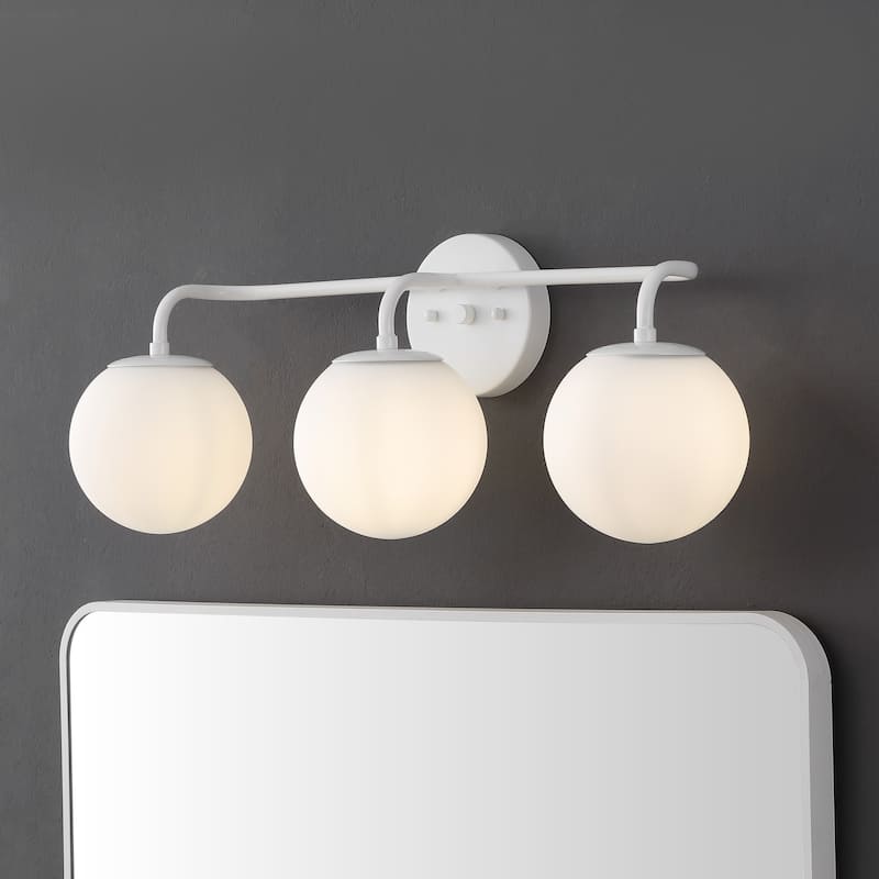 Globe Metal/Frosted Glass Modern LED Vanity, by JONATHAN Y - 3 Bulb - White with White Shade