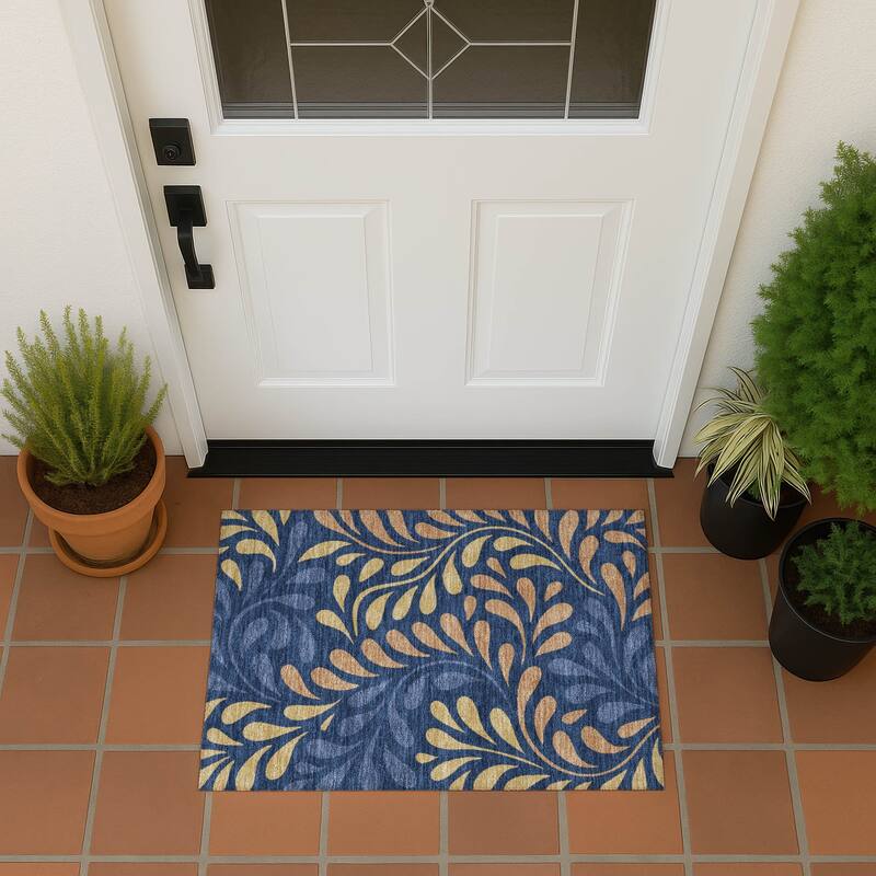 Machine Washable Indoor/ Outdoor Floral Arabesque Chantille Rug - Navy - 1'8" x 2'6"