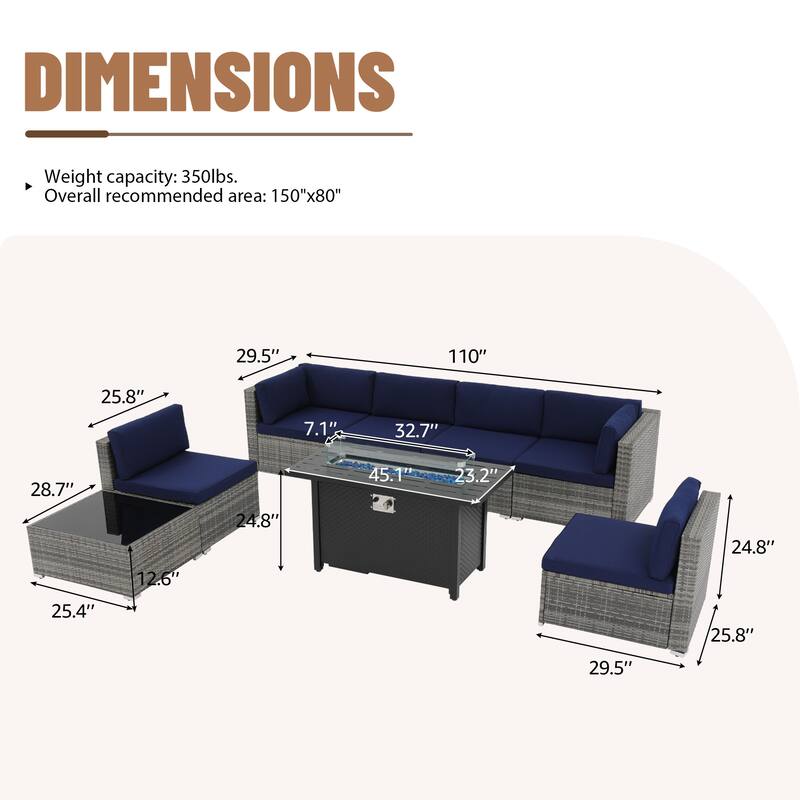 Outdoor Wicker Sectional Sofa 8-Piece Set with Fire Pit Table