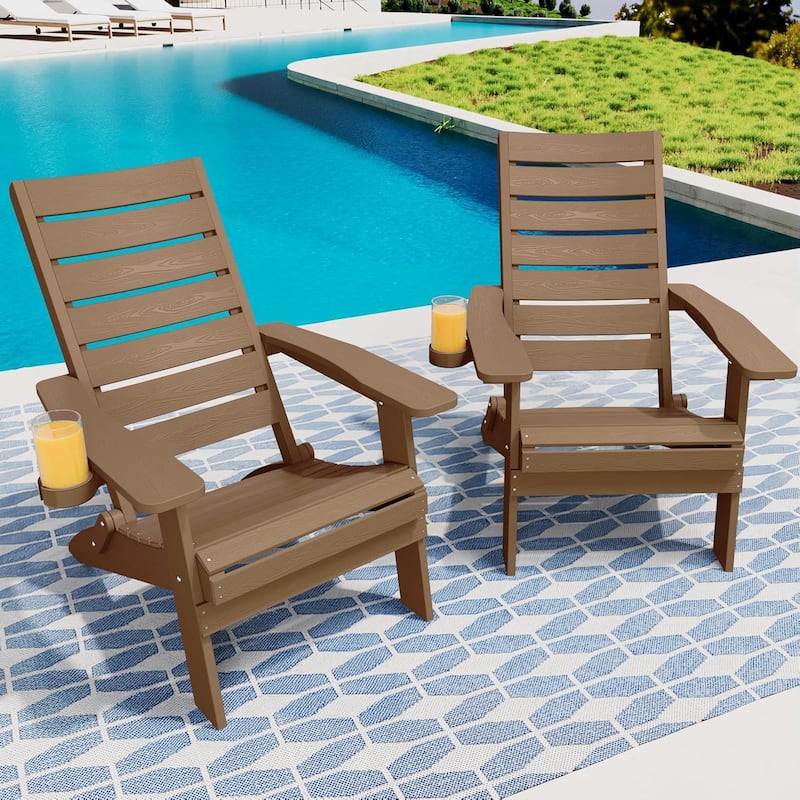 WINSOON HIPS Folding Adirondack Chairs with Arc Back & Cup Holder Set Of 2 - Teak
