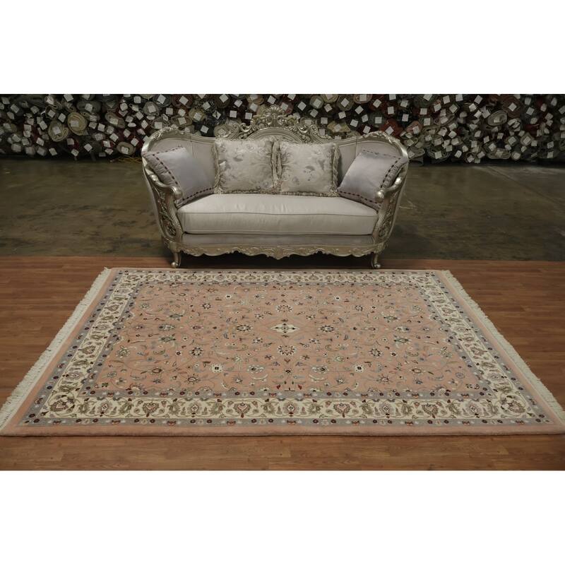 Hand Knotted Oriental 100% Wool Carpet Traditional All-Over Pink Kashan Area Rug - 8' 11'' X 6' 2''