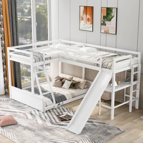 L-shaped Twin over Full Bunk Bed with Twin Loft Bed ,Desk and Slide
