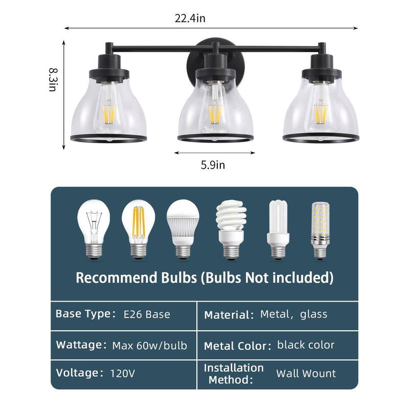 Hermosa Black 3-Light Bathroom Vanity Light