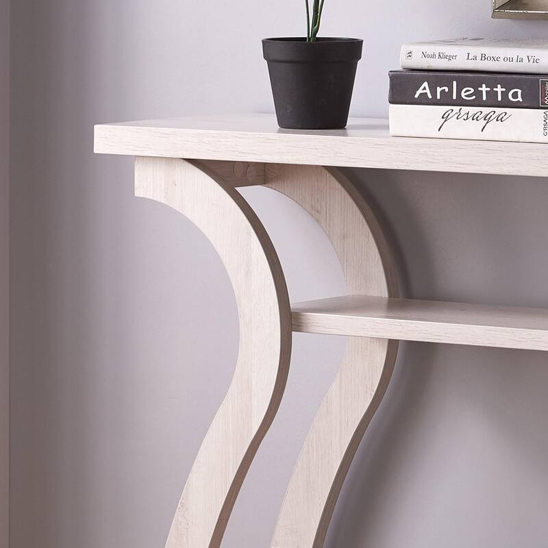 Entryway sofa hall console curvy leg design two shelves thick top panel
