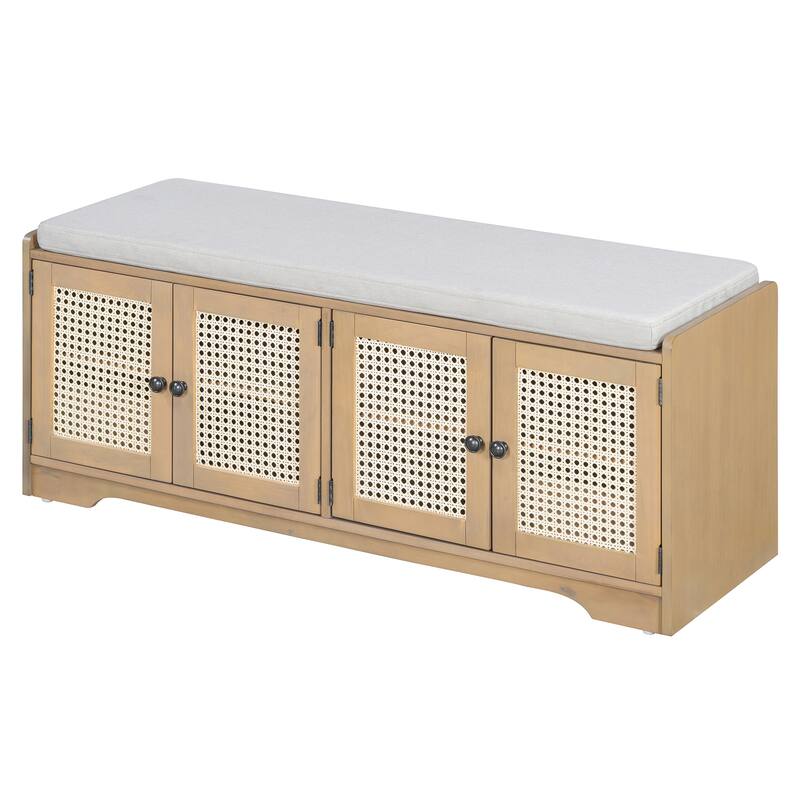 Roomfitters Large Entryway Storage Bench, Boho Rattan Cabinet, Shoe Organizer Seat, Adjustable Shelves