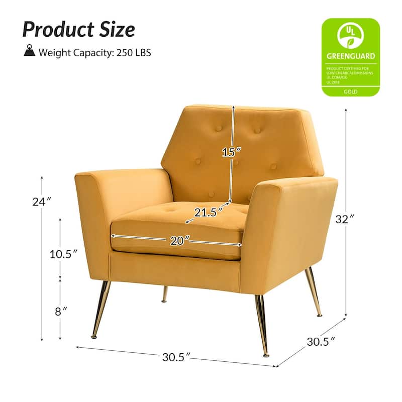Lilia Contemporary Velvet Upholstered Tufted Back Armchair with Metal Golden legs Set of 2 by HULALA HOME