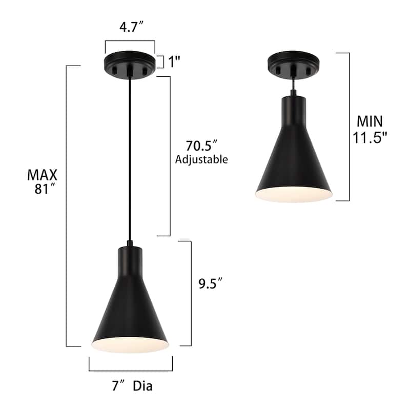 1-Light Matte Black Metal Cone Hanging Kitchen Pendant Light