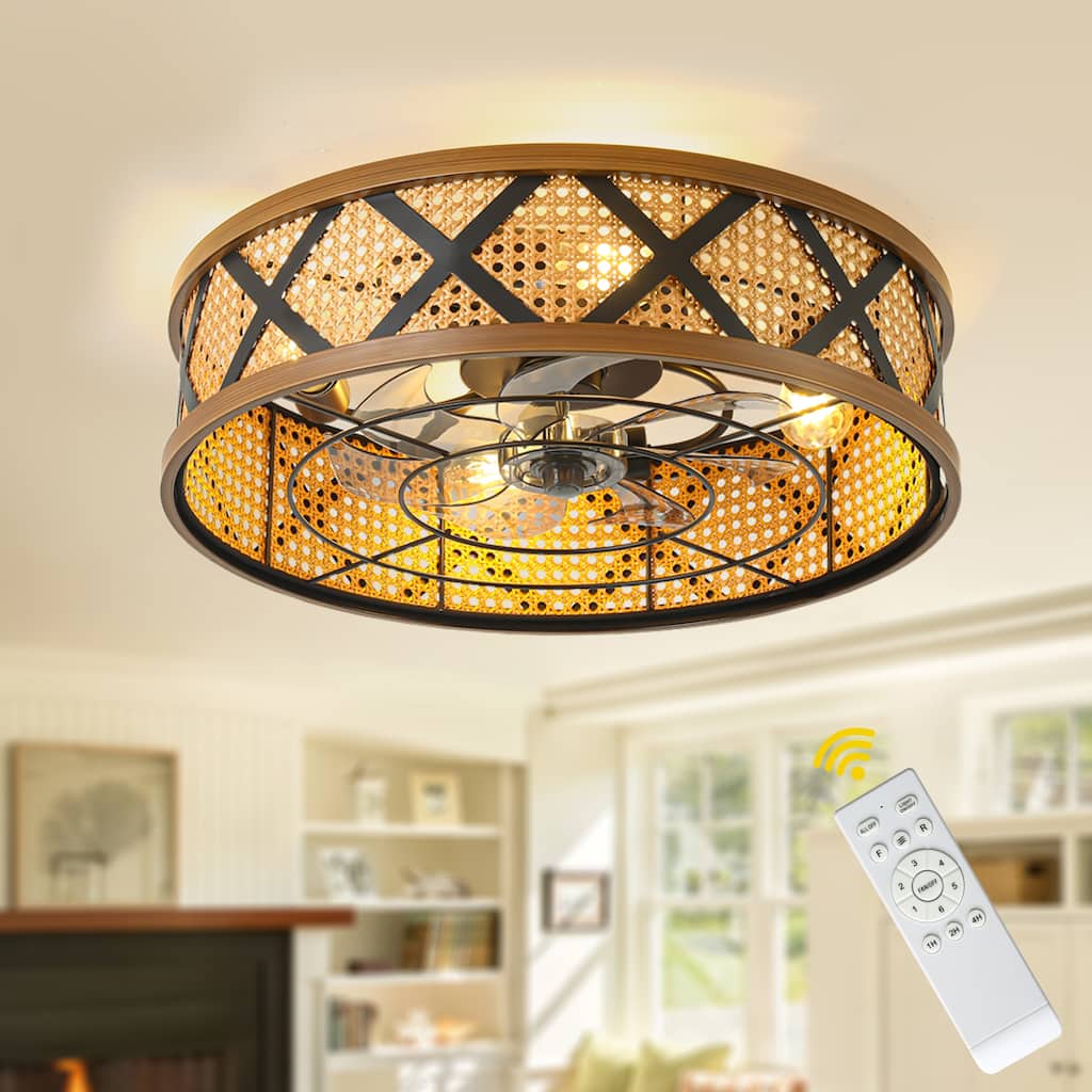 Bella Depot 23" Rustic Rattan Drum Ceiling Fan with Light and Remote 6-speed Reversible Flush Mount Fan