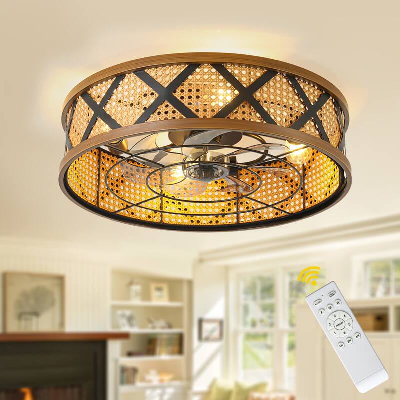 Bella Depot 23" Rustic Reattan Drum Ceiling Fan with Light and Remote 6-speed