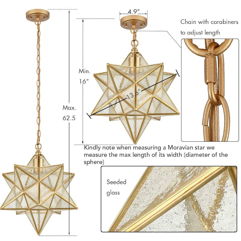 Malgrate Brass Moravian Star Pendant Light 14-inch Seeded Glass Shade