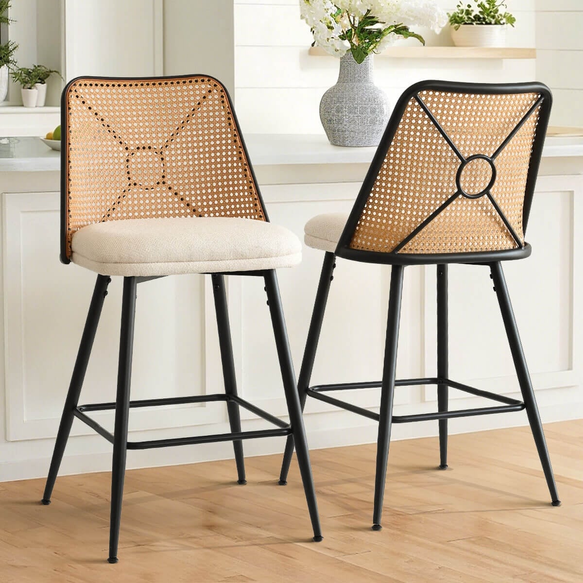 Upholstered 26.5" Rattan Counter Stool (Set of 2)