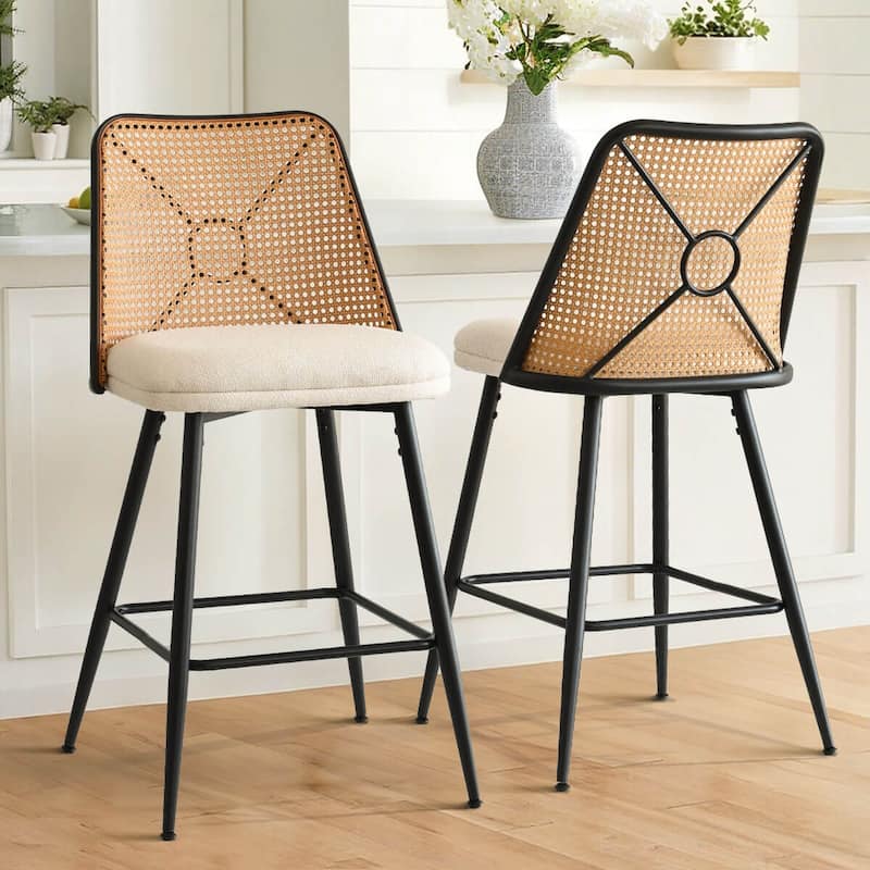 Upholstered 26.5" Rattan Counter Stool (Set of 2) - Beige