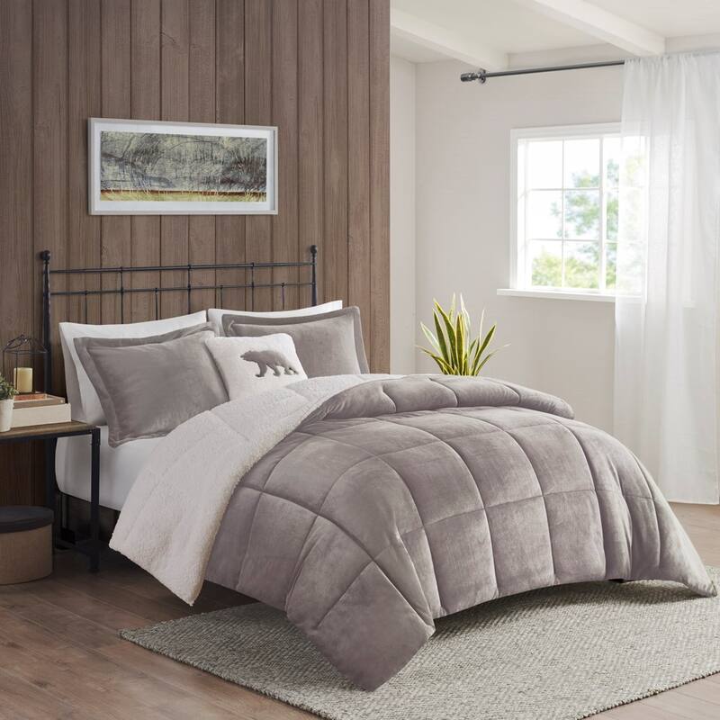 GDF Studio - Alton Plush to Sherpa Down Alternative Comforter Set - Grey & Ivory. - Grey+Ivory (Full/Queen).