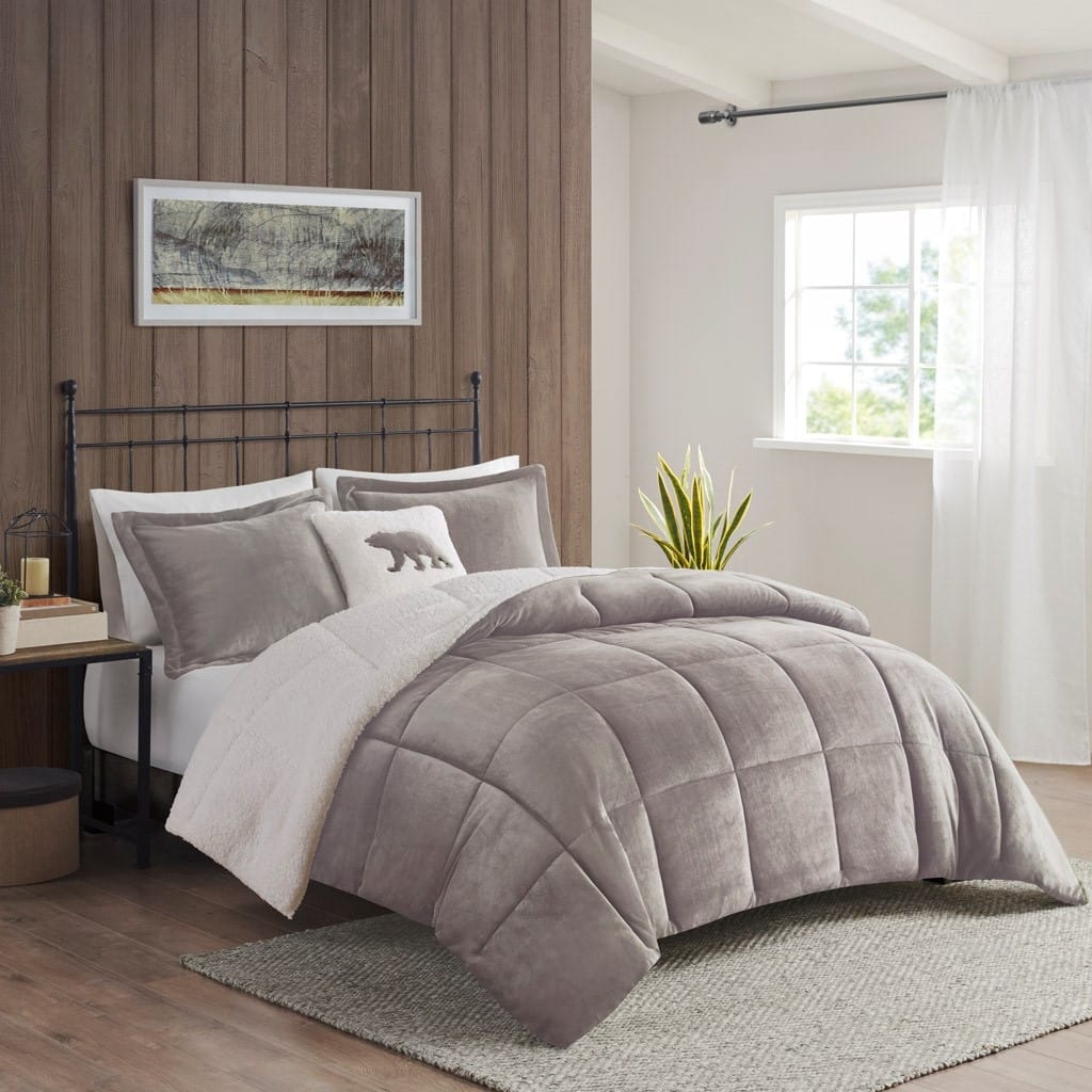 GDF Studio - Alton Plush to Sherpa Down Alternative Comforter Set - Grey & Ivory.