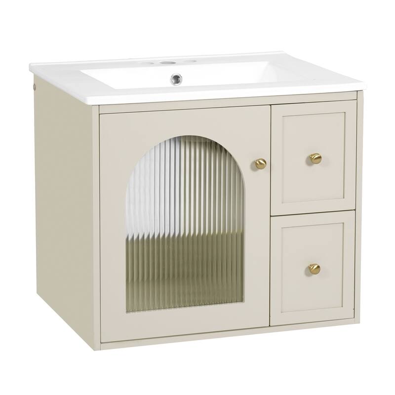 24" Wall Mounted Bathroom Vanity with Ceramic Sink, Floating Bathroom Storage Cabinet with Drawers & Glass Door