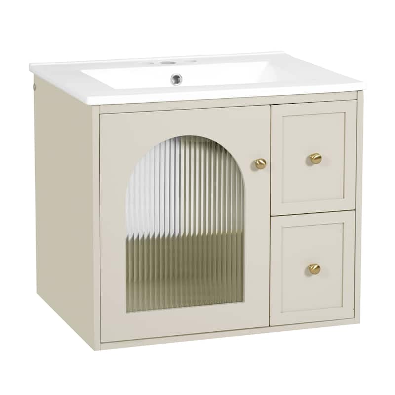 Floating Bathroom Vanity Wall Mounted Translucent Stripe Glass Doors Storage Cabinet with 2 Drawers and Gold Knobs