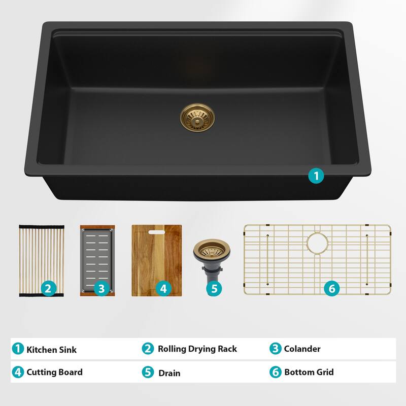 Kitchen Sink - 33" x 19" x 9.65" Black Granite Composite Workstation Undermount Single Bowl Kitchen Sink
