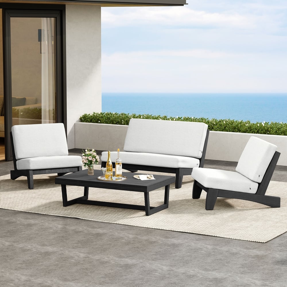 4 Pieces Wood Sectional Sofa Patio Conversation Set With Cushion