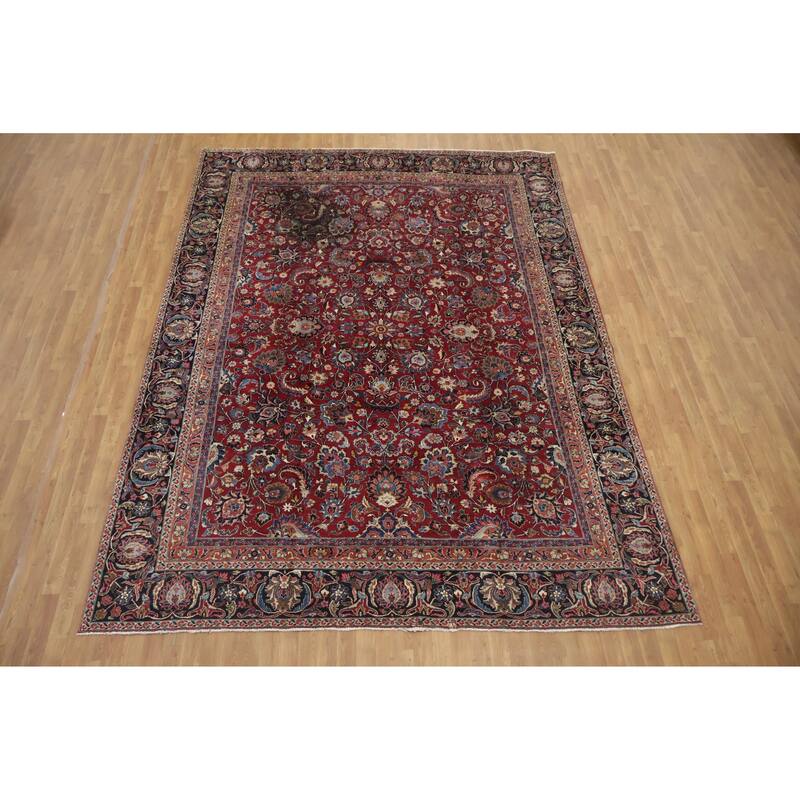 Hand Knotted Oriental 100% Wool Carpet Traditional All-Over Red Mashad Area Rug - 12' 2'' X 8' 11''