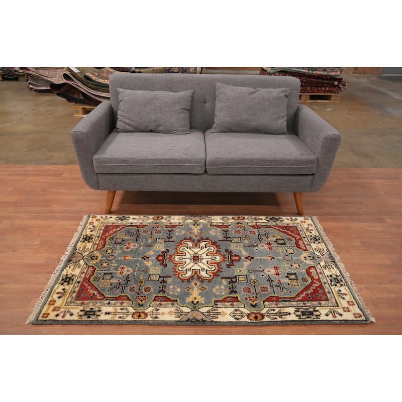 Hand Knotted Oriental 100% Wool Carpet Transitional Geometric Greys & Charcoal Oushak Area Rug - 5' 1'' X 2' 11''