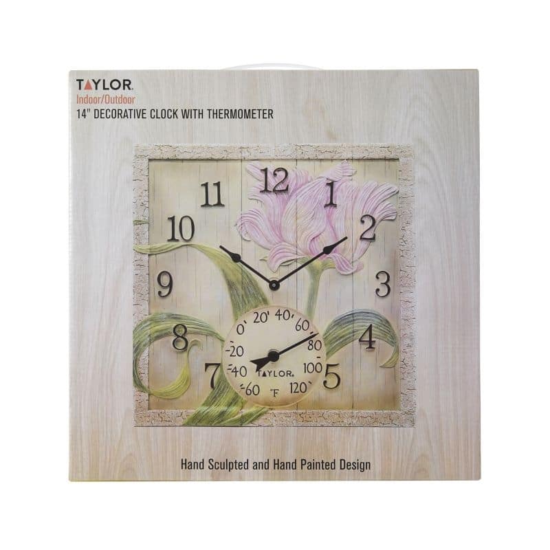 Taylor Poly Resin Beachwood Flower Clock with Thermometer, 14x14 Inch