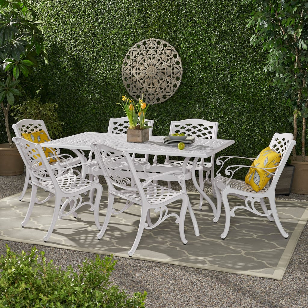 Roomfitters 7 Piece Outdoor Patio Dining Set with Rectangular Table and 6 Armchairs Cast Aluminum Lattice for Garden, White