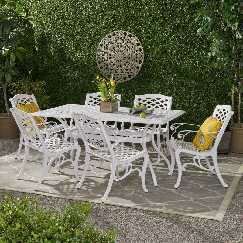 Roomfitters Outdoor Metal Patio Dining Set 7-Piece with Rectangular Table and Weather-Resistant Chairs - White
