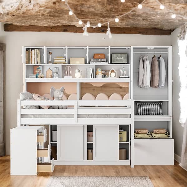 slide 2 of 18, Modren Full Size Wooden Loft Bed With Big Storage and Under-bed Desk and Drawers and Shelves for Bedroom White
