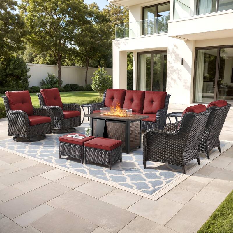 Gymojoy 10-Piece Outdoor Wicker Patio Set with Swivel Glider Chairs & 55,000 BTU Fire Pit Table for Garden, Backyard, Poolside