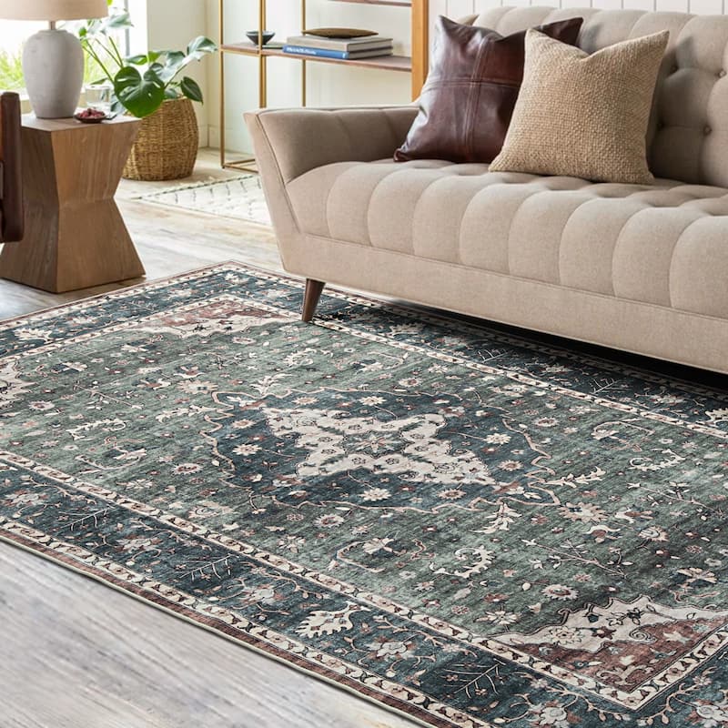 Glitzhome Machine Washable Boho Floral Medallion Area Rugs 5' x 8'