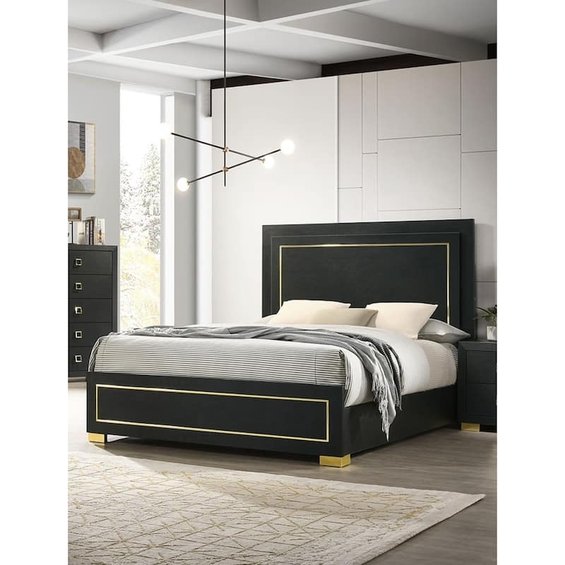 Queen Size Bed with LED Headboard, Black Finish, Gold Trim, Metal Legs