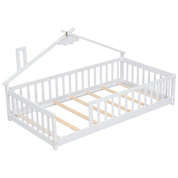 slide 2 of 10, Imaginative Twin House Bed with Guardrails Cozy Floor Bed for Childrens Rooms White